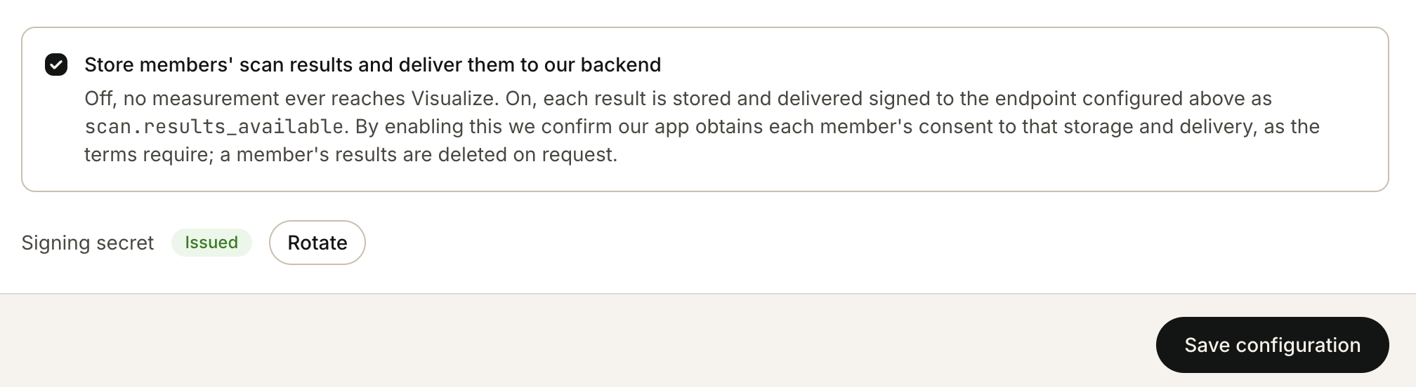 The portal Configuration switch “Store members’ scan results and deliver them to our backend” turned on, above Save configuration